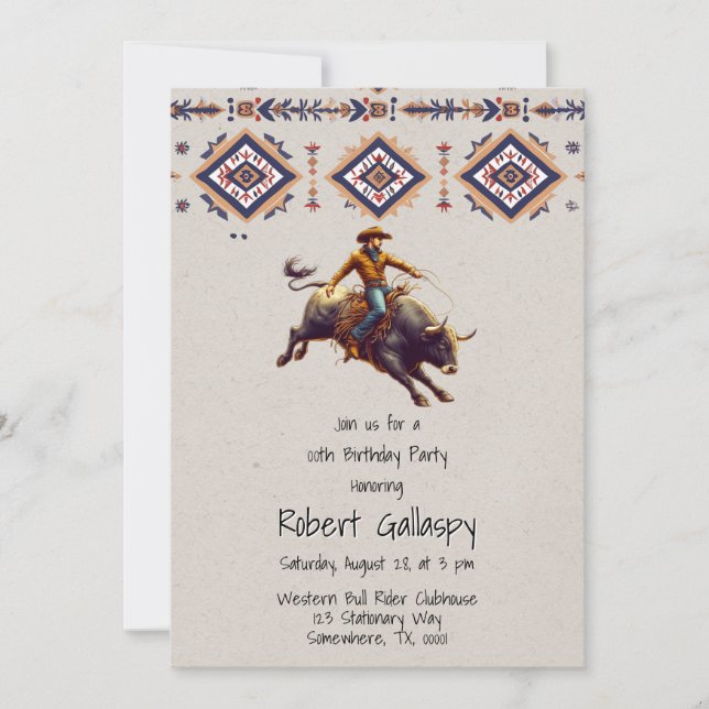 Western Cowboy Bull Rider Aztec Birthday Party Invitation (Front)