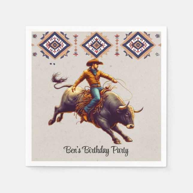 Western Cowboy Bull Rider Aztec Birthday Party Napkin (Front)