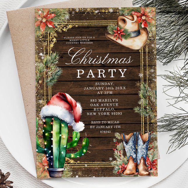 Western Cowboy Cactus Red Floral Christmas Party Invitation (Creator Uploaded)