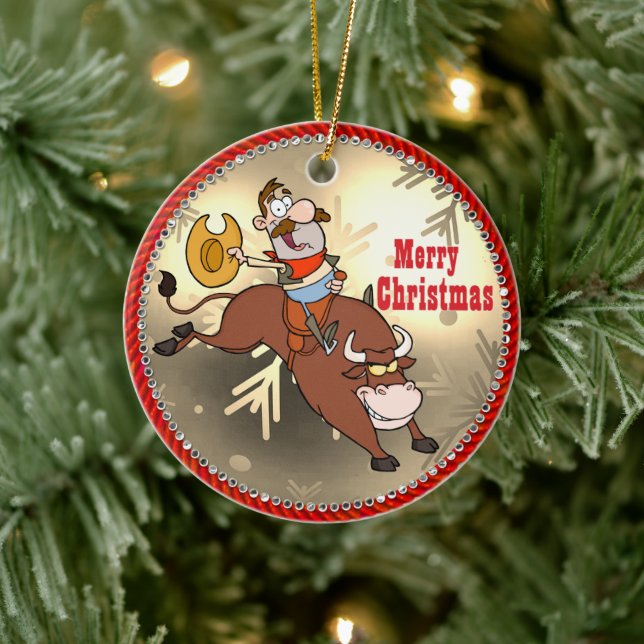 Western Cowboy Cartoon Bull Rider Christmas Ceramic Tree Decoration (Tree)