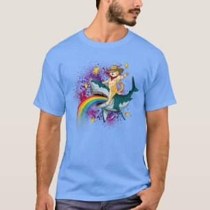 Western Cowboy Cat Riding A Shark In Taco Space Ra T-Shirt