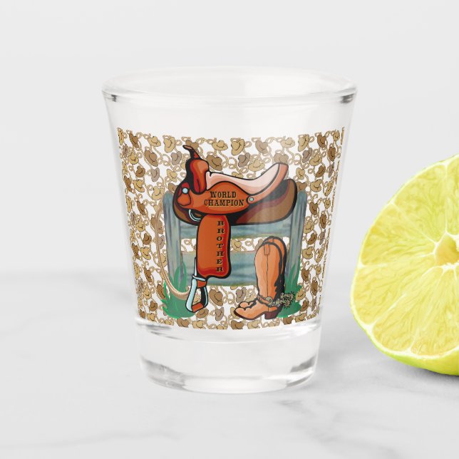Western Cowboy Champion Brother Saddle Shot Glass (Front)