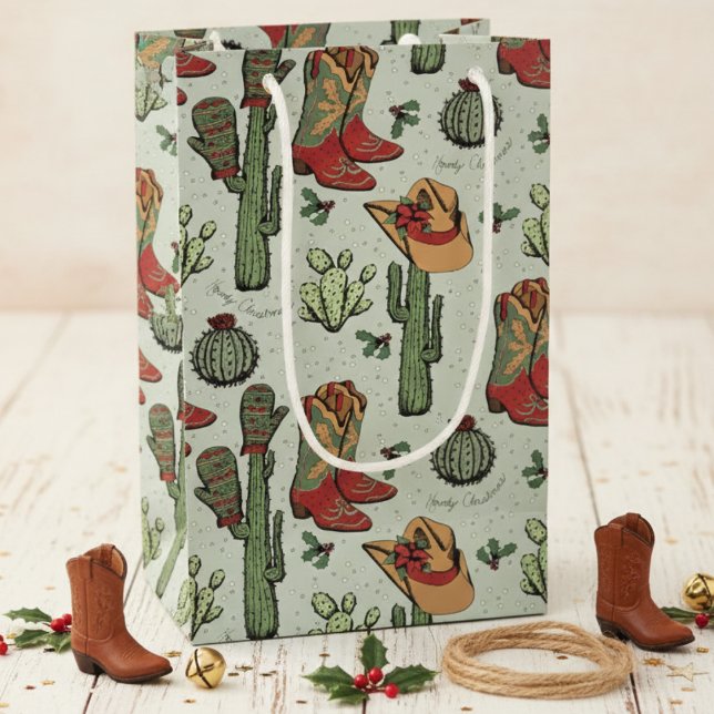 Western Cowboy Christmas Red and Green Small Gift Bag (Country Western Cowgirl Howdy Christmas Gift Bags. Sage Green Rustic Rodeo Xmas Cowboy Boots & Cacti)