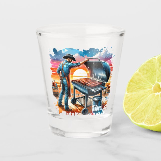 Western Cowboy Cooking on BBQ Pit Custom Shot Glass (Front)
