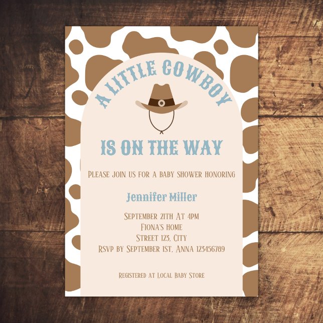 Western Cowboy Cow Print Boy Baby Shower Invitation (cowboy western baby boy shower invitation beige cow print cowboy hat arch baby blue)