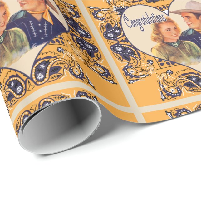 Western Cowboy Cowgirl Couple Congratulations Gift Wrapping Paper (Roll Corner)