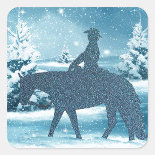 Western Cowboy Cowgirl Horse Winter Snow Scene Square Sticker