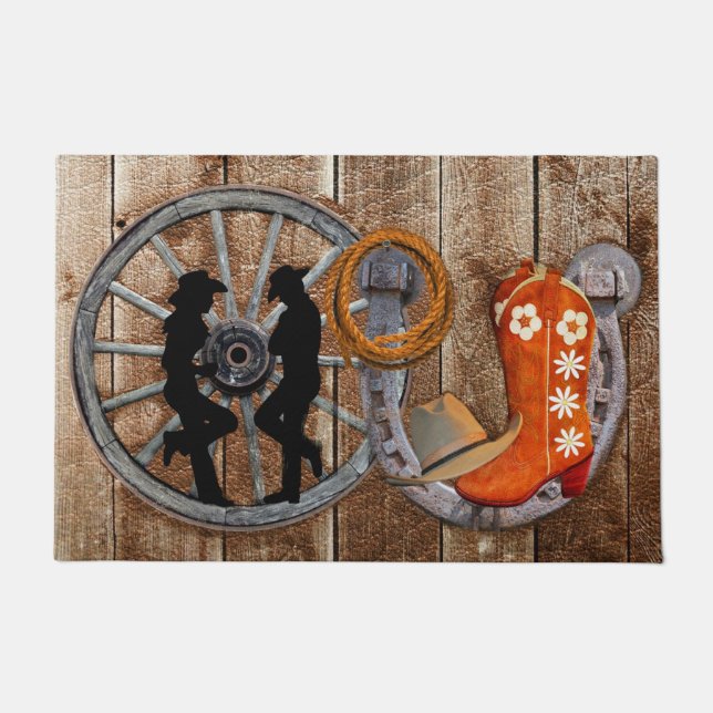 Western Cowboy Cowgirl Horseshoe Wagon Wheel Doormat (Front)
