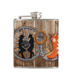 Western Cowboy Cowgirl Horseshoe Wagon Wheel Hip Flask
