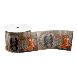 Western Cowboy Cowgirl Horseshoe Wagon Wheel Satin Ribbon
