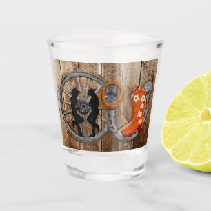 Western Cowboy Cowgirl Horseshoe Wagon Wheel Shot Glass