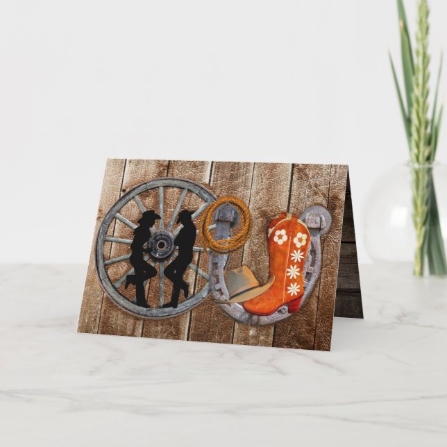 Western Cowboy Cowgirl Horseshoe Wagon Wheel Thank You Card (Front)