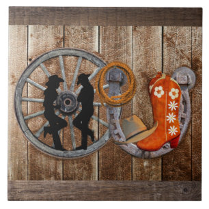 Western Cowboy Cowgirl Horseshoe Wagon Wheel Tile