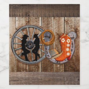 Western Cowboy Cowgirl Horseshoe Wagon Wheel Wine Label