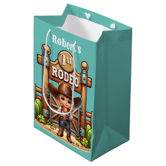 Western Cowboy First Rodeo Birthday Custom Medium Gift Bag (Front Angled)