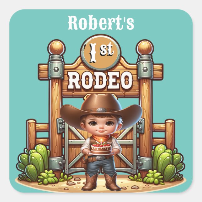 Western Cowboy First Rodeo Birthday Custom Square Sticker (Front)