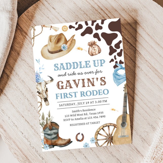 Western Cowboy First Rodeo Birthday Party Invitation (Western Cowboy Saddle Up First Rodeo Birthday Party Invitation)