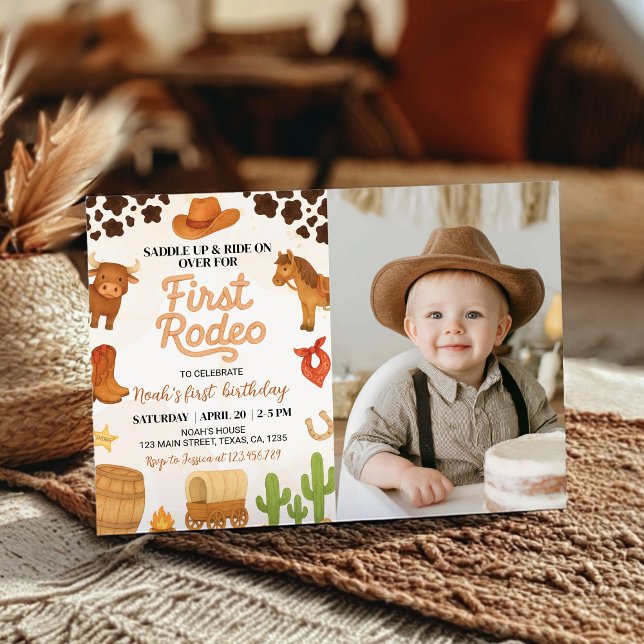 Western Cowboy First Rodeo Birthday Photo Invite (Creator Uploaded)