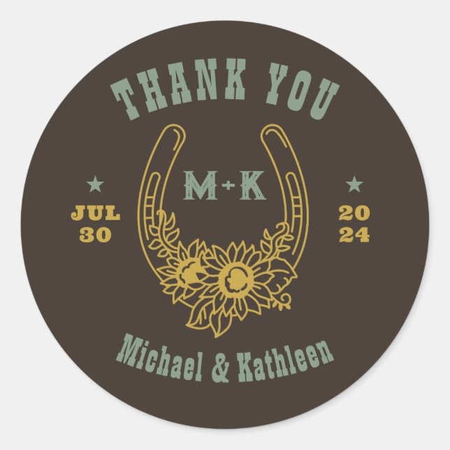 Western Cowboy Floral Horseshoes Monogram Wedding Classic Round Sticker (Front)