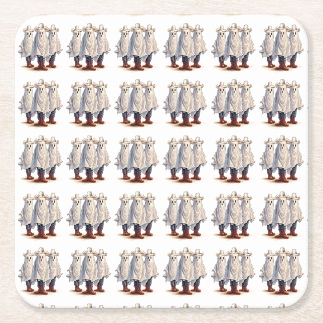  Western Cowboy Ghosts Spooky Halloween Pattern  Square Paper Coaster (Front)