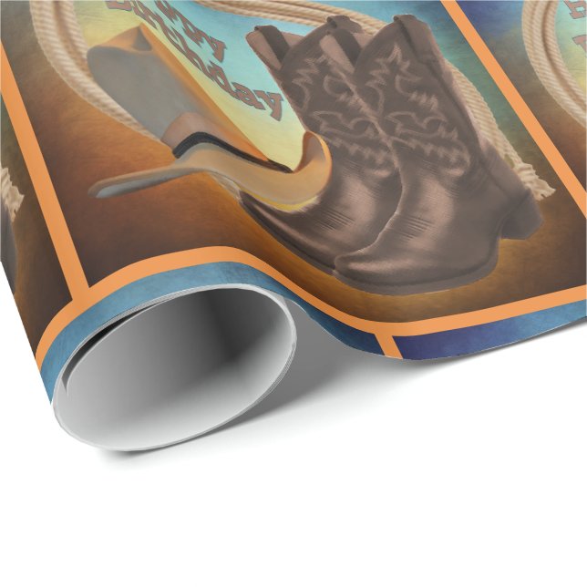 Western Cowboy Hat Boots And Rope Happy Birthday Wrapping Paper (Roll Corner)