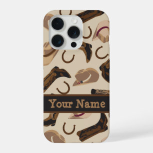 Western Cowboy Hat Boots Beige Name Personalise iPhone 15 Pro Case