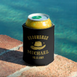 Western Cowboy Hat Groomsmen Personalised Name Can Cooler<br><div class="desc">Personalised gifts for groomsmen with western cowboy theme. Decorated with cowboy hat with vintage western font. Text and colour are editable using the Design Tool to fit your occasion. Get this customise gift for wedding,  bachelor party,  engagement party or any other special occasions.</div>