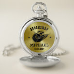 Western Cowboy Hat Groomsmen Personalised Name Pocket Watch<br><div class="desc">Personalised gifts for groomsmen with western cowboy theme. Decorated with cowboy hat with vintage western font. Text and colour are editable using the Design Tool to fit your occasion. Get this customise gift for wedding,  bachelor party,  engagement party or any other special occasions.</div>