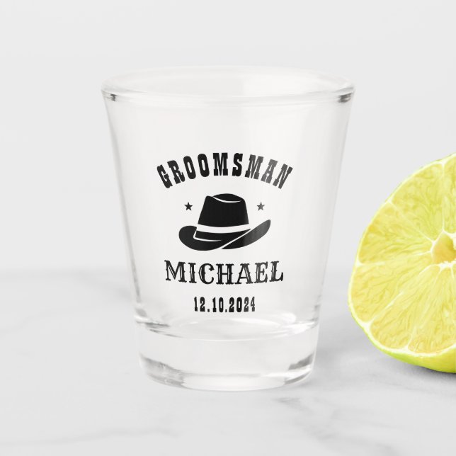 Western Cowboy Hat Groomsmen Personalised Name Shot Glass (Front)