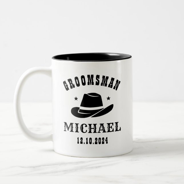 Western Cowboy Hat Groomsmen Personalised Name Two-Tone Coffee Mug (Left)