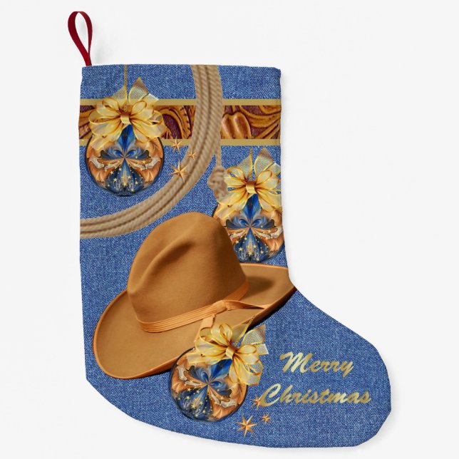 Western Cowboy Hat Rope Faux Denim Leather Small Christmas Stocking (Front)