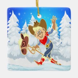 Western Cowboy Kid On Stick Horse Winter Scene Squ Ceramic Ornament