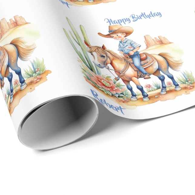 Western Cowboy on Horse Personalised Birthday Wrapping Paper (Roll Corner)