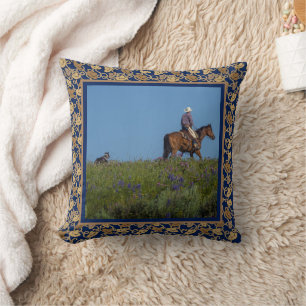 Western Cowboy On Horse With Dog Western Trim Blue Cushion