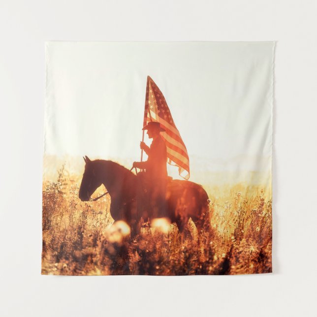Western - cowboy portrait with USA flag Tapestry (Front)