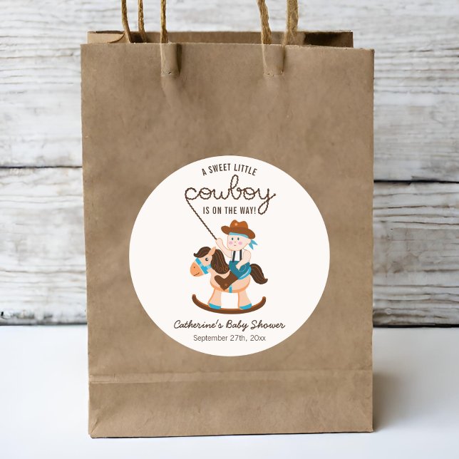 Western Cowboy Rocking Horse Boy Baby Shower  Classic Round Sticker (Creator Uploaded)