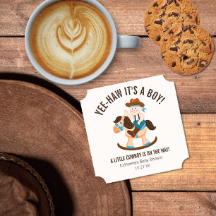 Western Cowboy Rocking Horse Boy Baby Shower  Paper Coaster