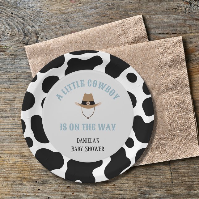 Western Cowboy Rodeo Cow Print Boy Baby Shower Paper Plate (little cowboy baby shower paper plates cowprint western wild west)