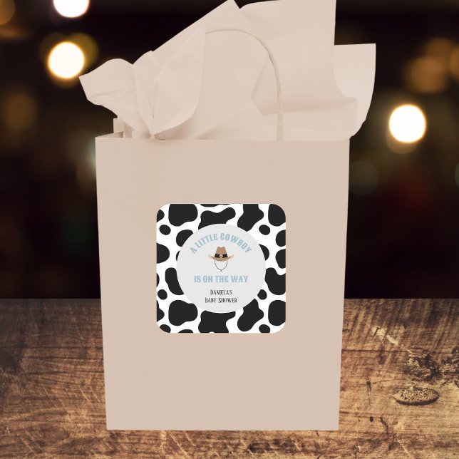 Western Cowboy Rodeo Cow Print Boy Baby Shower Square Sticker (little cowboy baby shower sticker cow print western wild west)