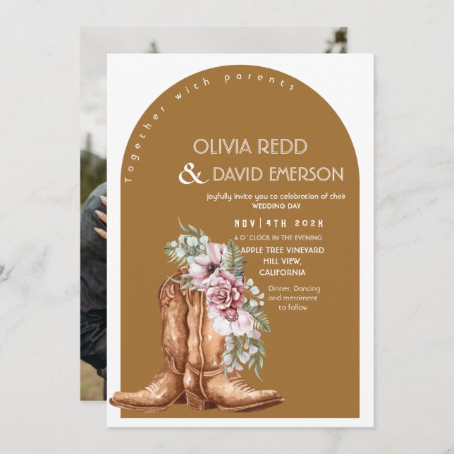 Western Cowboy Rustic Floral  Wedding Invitation (Front/Back)