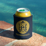 Western Cowboy Rustic Groomsmen Name Monogram Can Cooler<br><div class="desc">Personalised gifts for groomsmen with western cowboy theme. Decorated with cowboy hat with vintage western font. Text and colour are editable using the Design Tool to fit your occasion. Get this customise gift for wedding,  bachelor party,  engagement party or any other special occasions.</div>