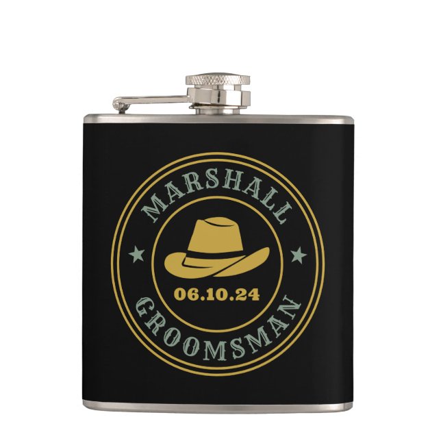 Western Cowboy Rustic Logo Personalised Groomsmen Hip Flask (Front)
