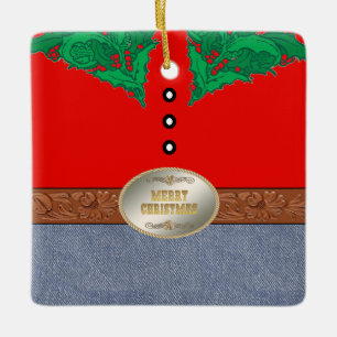 Western Cowboy Santa  Belt Buckle Red Shirt Jeans Ceramic Ornament