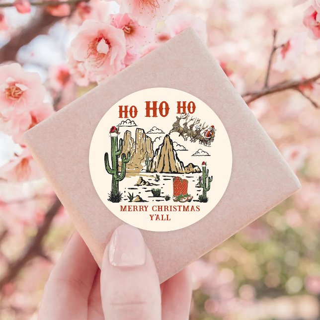Western Cowboy Santa Merry Christmas Y'all Classic Round Sticker (Creator Uploaded)