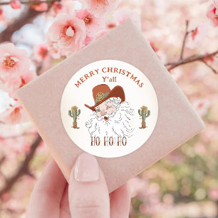 Western Cowboy Santa Merry Christmas Y'all Classic Round Sticker