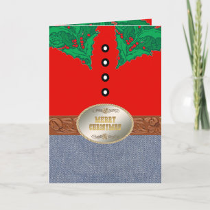 Western Cowboy Santa Red Shirt Jeans Belt Buckle Card