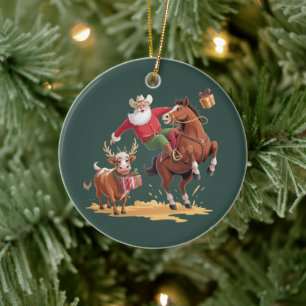 Western Cowboy Santa Xmas Rodeo Horse & Reindeer Ceramic Tree Decoration