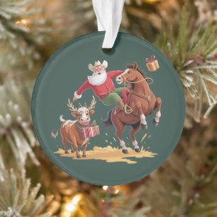Western Cowboy Santa Xmas Rodeo Horse & Reindeer Ornament