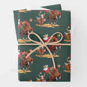 Western Cowboy Santa Xmas Rodeo Horse & Reindeer Wrapping Paper Sheet