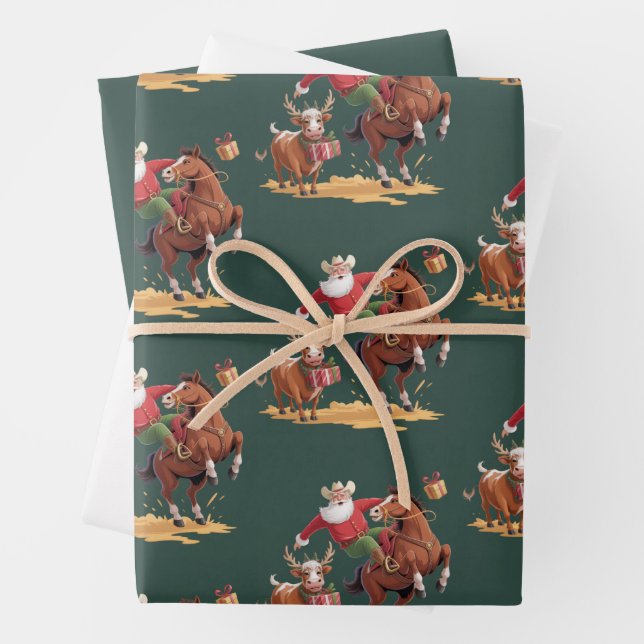 Western Cowboy Santa Xmas Rodeo Horse & Reindeer  Wrapping Paper Sheet (In situ)